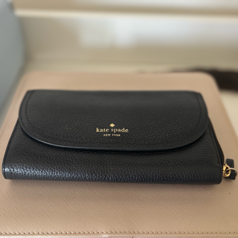 Kate Spade Black Pebbled Leather Front Pocket & Zip Around Wallet